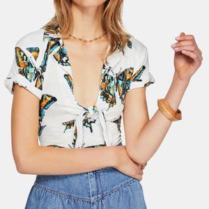 Free People Womens white printed short sleeve collared crop top